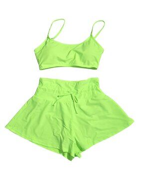 NWOT | Neon Green 2-Piece Bathing Suit | Crop Top & Flounced Swim Shorts | Small